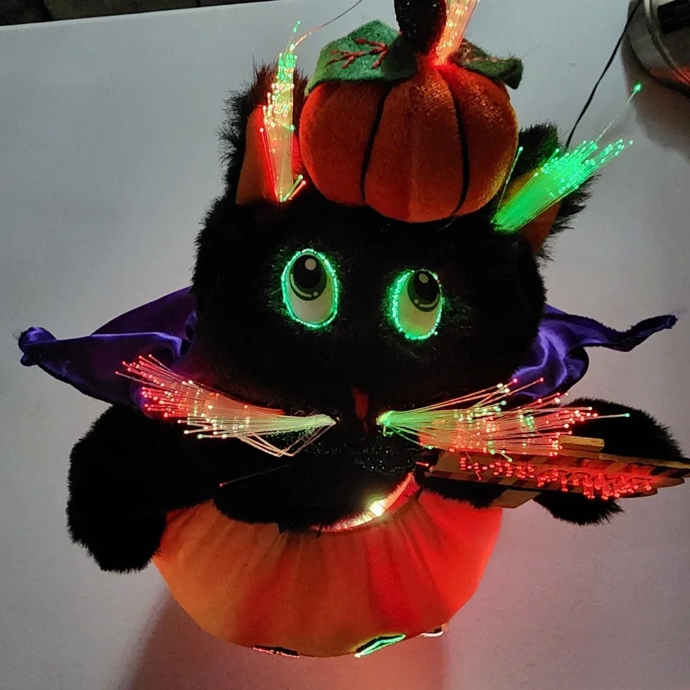 VTG Fiber Optic Halloween Black Cat Pumpkin Welcome Sign Light Up Decor 14 inch